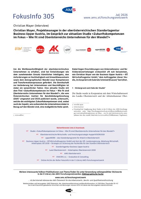 AMS FokusInfo 305 - Christian Mayer, Projektmanager in der oberösterreichischen Standortagentur Business Upper Austria, im Gespräch zur aktuellen Studie »Zukunftskompetenzen im Fokus – Wie fit sind Oberösterreichs Unternehmen für den Wandel?«